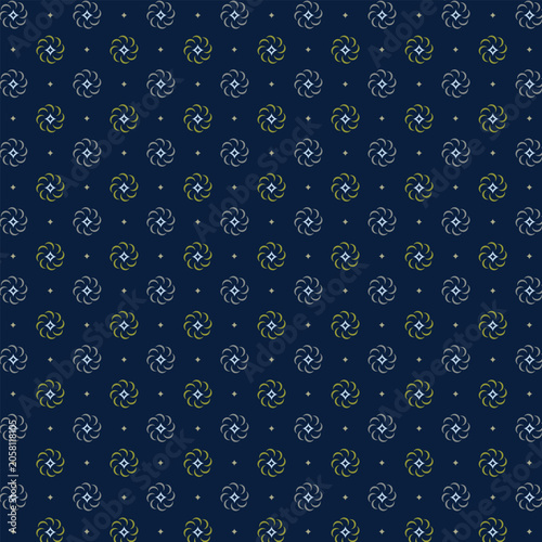 Flowers pattern doodle shapes motif continuous blue background. Modern floral fabric design textile swatch ladies dress, men's shirt all over print block.