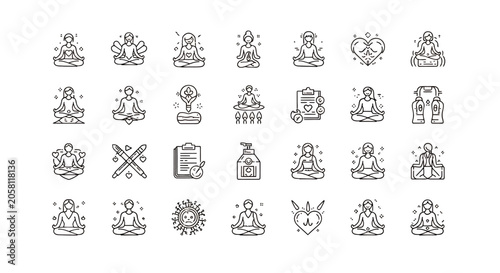 Whimsical black and white icon collection of decorative line drawings.