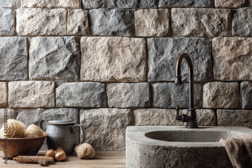 Fototapeta premium Rustic stone sink setup features a weathered stone wall and assorted rustic items on a wooden surface