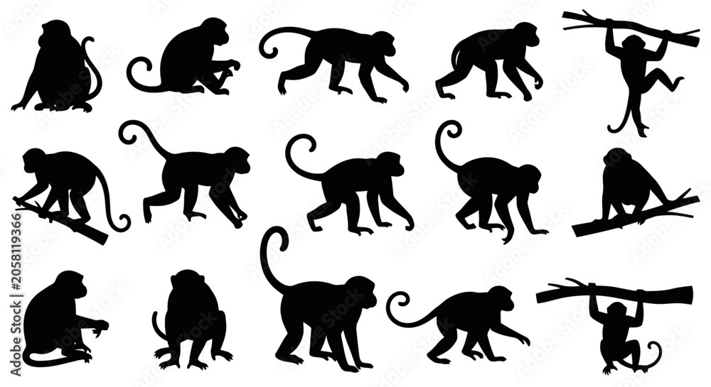 Obraz premium Collection of diverse monkey silhouettes in various dynamic poses, showcasing their agility and natural behaviors.