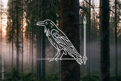 A mystical northern forest shrouded in mist with tall trees and a raven illustration, creating an enchanting atmosphere