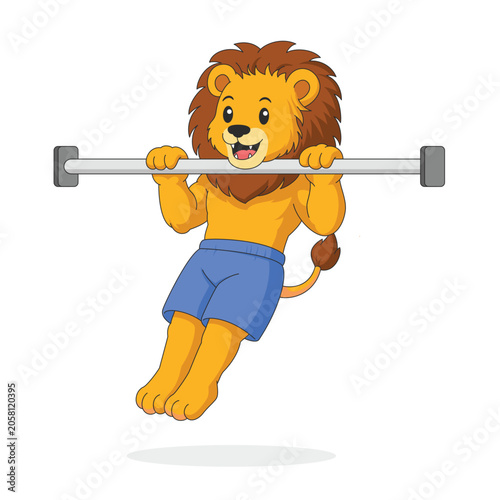 Cute Lion Doing Pull Up Exercise Cartoon Vector Illustration Fitness Mascot Character