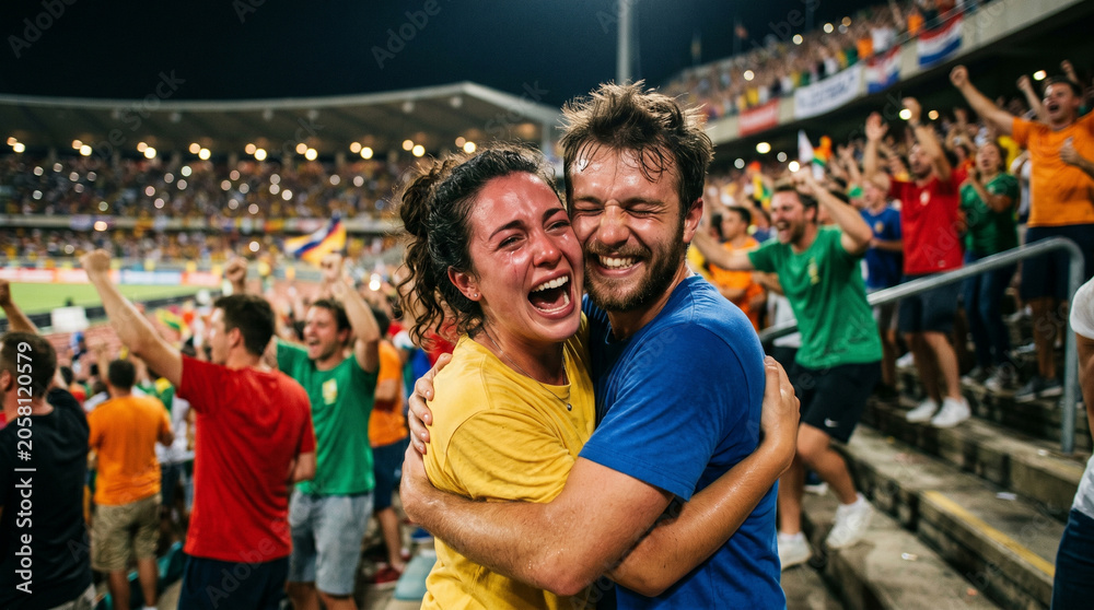Naklejka premium Ecstatic sports fans hugging and celebrating victory in a crowded stadium at night