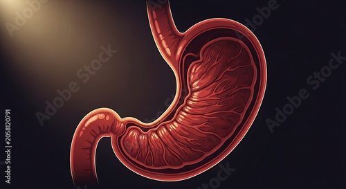 3D rendering of human stomach anatomy cross section.