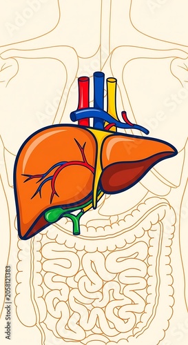 Human digestive system with highlighted liver anatomy.