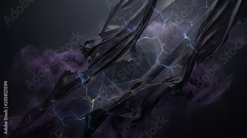 Dark fabric with lightning bolts and purple smoke on a black background with cinematic lighting.