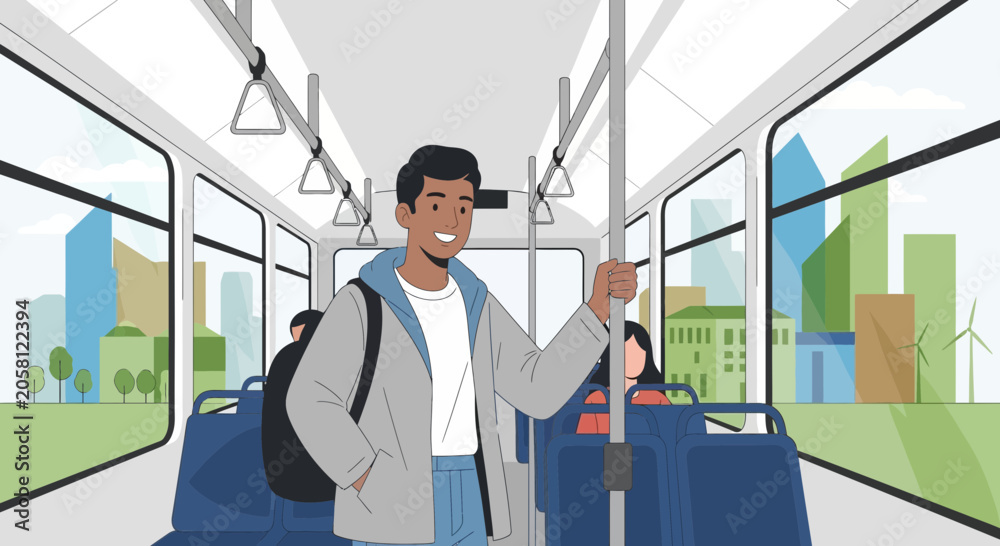 Fototapeta premium Young man smiling inside a public bus, urban commute, sustainability concept.