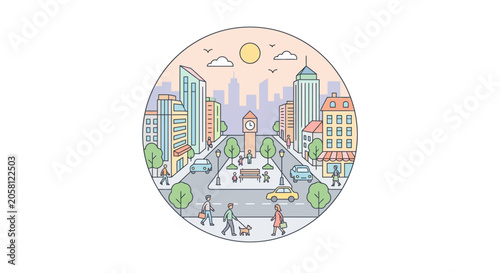 Fotografie A circular illustration depicting a bustling city street scene with buildings and people