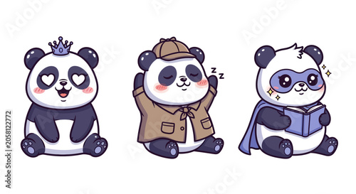 Cute Panda Characters in Different Costumes and Outfits.