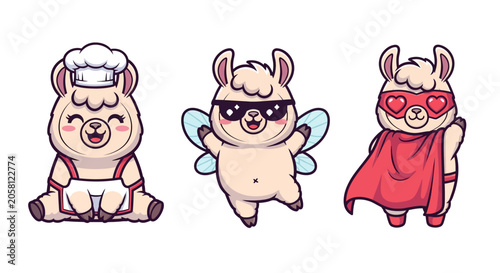 Cute Llama Characters in Fun Costumes Illustration.