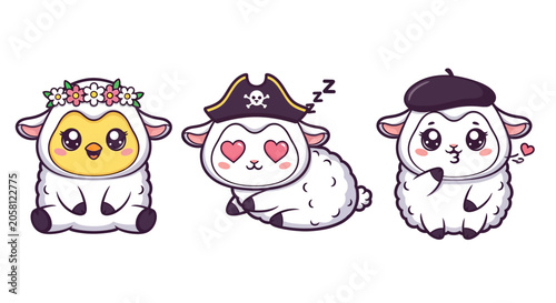 Cute cartoon sheep characters with different outfits and expressions.