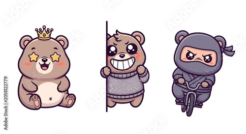Cartoon Bears in Different Costumes and Poses.