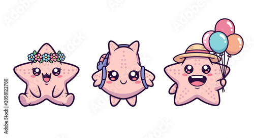 Cute Pink Star Characters with Accessories and Balloons.