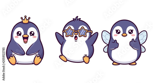 Three Cute Cartoon Penguins with Different Expressions.
