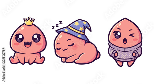 Cute cartoon characters with crown and hats.