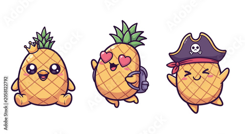 Cute Pineapple Characters with Different Outfits and Expressions.