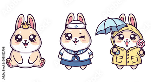 Cute Cartoon Rabbits in Different Outfits and Accessories.