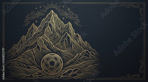 Mountain Landscape with Soccer Ball in Golden Line Art Design