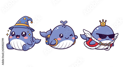 Cute Cartoon Whales with Magical and Royal Accessories.