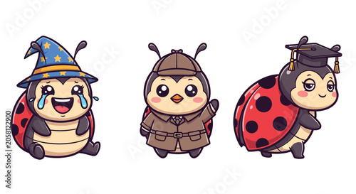 Cute Ladybug Characters in Costumes and Hats.