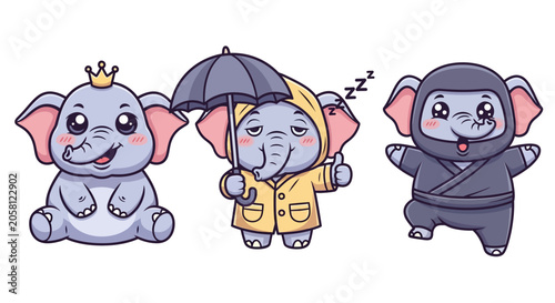 Cute Cartoon Elephants in Different Costumes and Outfits.