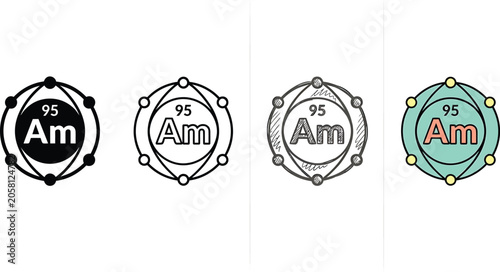 Collection of stylized representations of the element Americium symbol Am isolated on transparent backgrounds