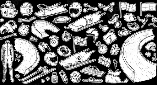 Photos Winter Sports Bobsleigh, Luge, and Skeleton Equipment Monochrome Line Art Vector