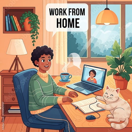 Young woman working from home on laptop computer.