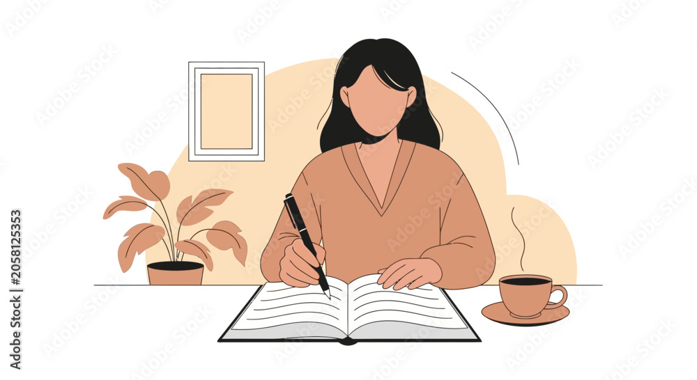 Fototapeta premium Woman writing in notebook with coffee, cozy home office, creative work, journaling, studying