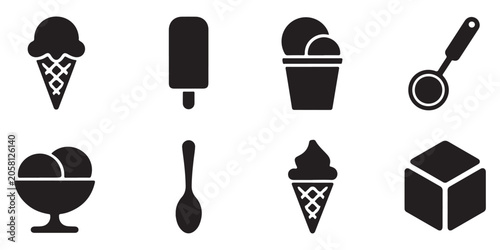 Assorted ice cream and dessert equipment icons set featuring popsicle scoop spoon bowl and cone silhouette icons.