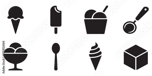 Ice cream parlor solid icons set with various dessert types including gelato soft serve popsicle and scooping tool.
