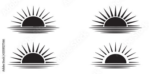 Set of sunrise over water vector illustrations. sun rising above horizon line with reflection on surface.