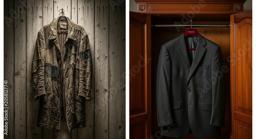 A split image shows a rustic fur coat on a wooden wall and a formal suit jacket hanging in a wardrobe, contrasting styles of clothing