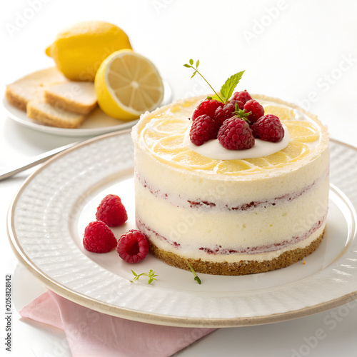 Lemon Raspberry Cheesecake, Creamy Dessert, Fruit Topping, Baked Cake isolated on White Background
