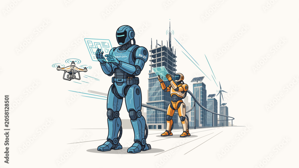Naklejka premium Robot controlling drone near cityscape city futuristic technology robotics artificial intelligence