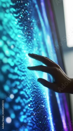 Modern human hand interacts with futuristic digital interface, fluid gradients, glowing particles on polished glass, shallow DOF, soft ambient light. Seamless tech interaction concept