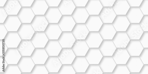 White hexagon bee cube element grid tiles emboss seamless pattern white paper texture futuristic business. vector honeycomb web banner texture background.