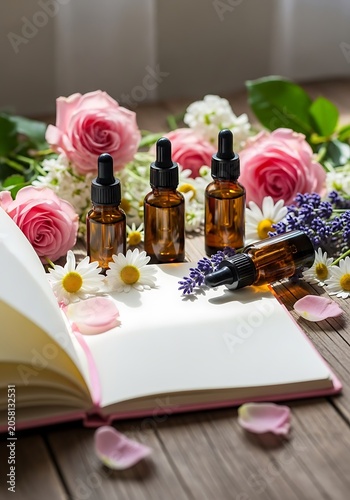 Amber dropper bottles with fresh pink roses, daisies, and lavender surround an open notebook on a rustic wooden surface.