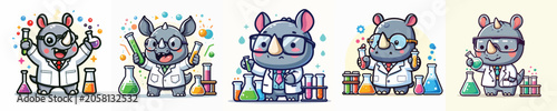 Valokuva Set of cute rhino vectors in scientist costumes doing experiments