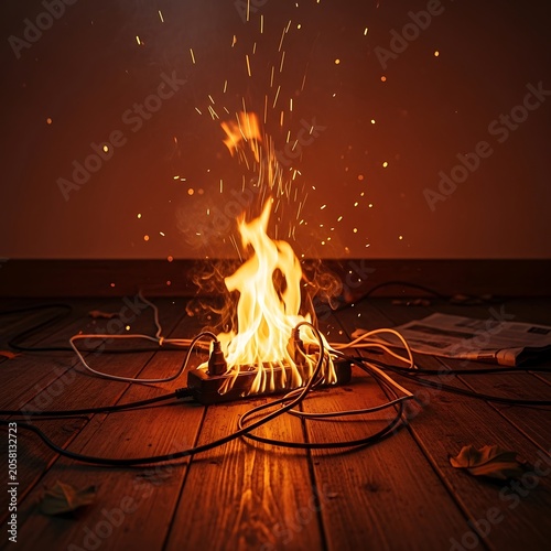 Electrical fire erupts violently from a power strip surrounded by wires on a wooden floor