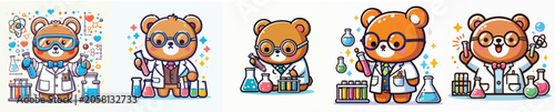 Set of cute bear vectors in scientist costumes doing experiments