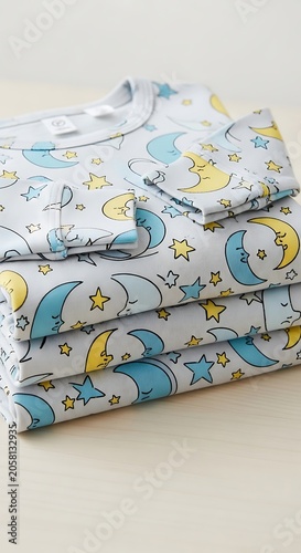 Stack of soft pajamas featuring a celestial pattern is neatly folded on a light surface