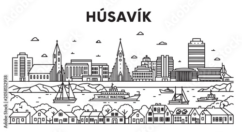 Quadro su tela Husavik Iceland Skyline Illustration