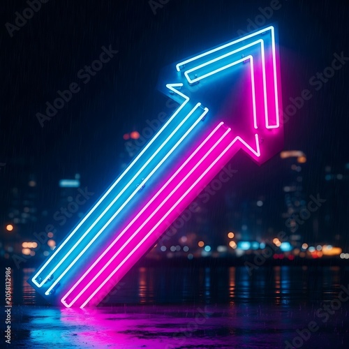 Brightly illuminated neon arrow points upward against a dark urban background
