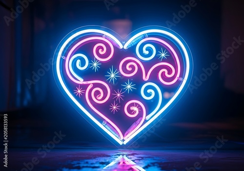 Glowing neon heart sign illuminates dark setting with vibrant pink and blue light