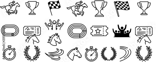 Collection of Equestrian Horse Racing Line Icons for Sports Betting and Competition Designs