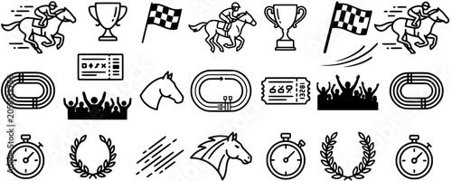 Set of minimalist horse racing line icons for equestrian sports and competition