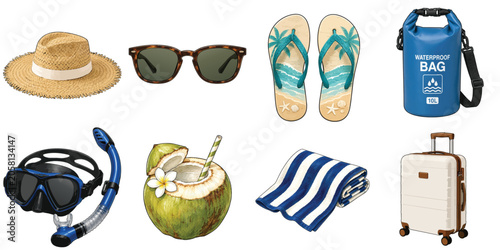 Tropical Travel Essentials Collection with Straw Hat Sunglasses Flip Flops Snorkel Mask Suitcase and Coconut Drink