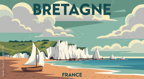Quadro su tela Vintage travel poster vector illustration of the scenic Brittany coastline in Fr