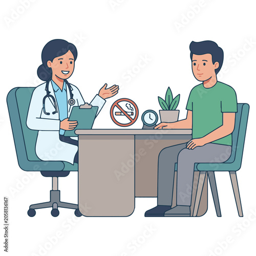 Doctor consulting patient about smoking cessation in medical office with consultation, cessation